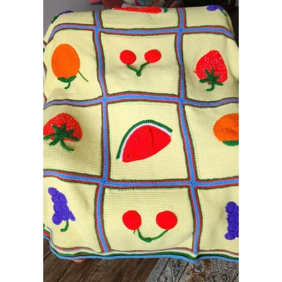 Handmade Crochet Multicolored Fruit Medley Blanket Spring and Summer Throw 72X54 - Picture 4 of 8